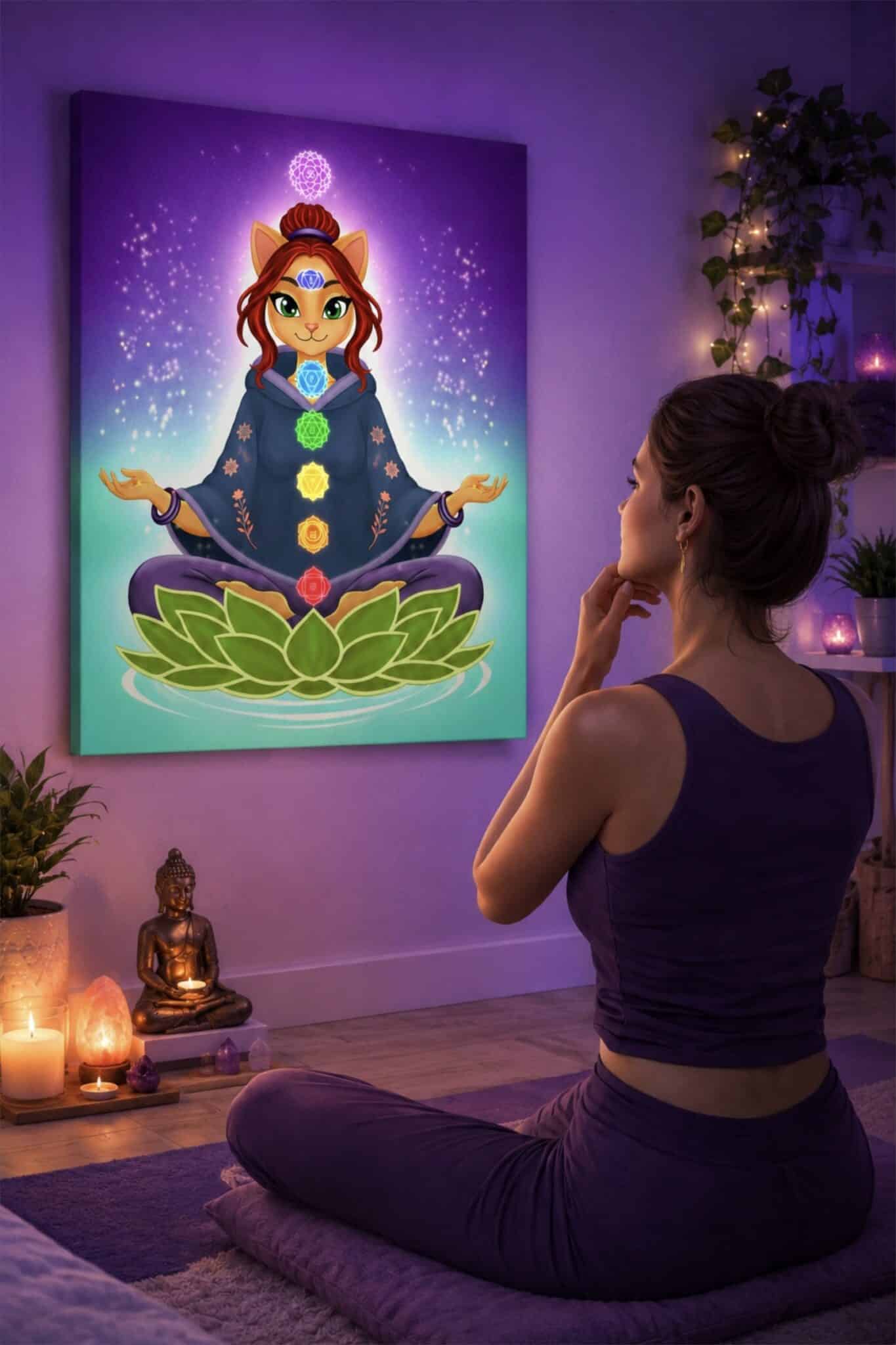 Zen Cat wall art cozy meditation room decor