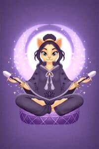 Zen Cat meditating with moon energy and glowing wands representing expression, rhythm, and creative flow