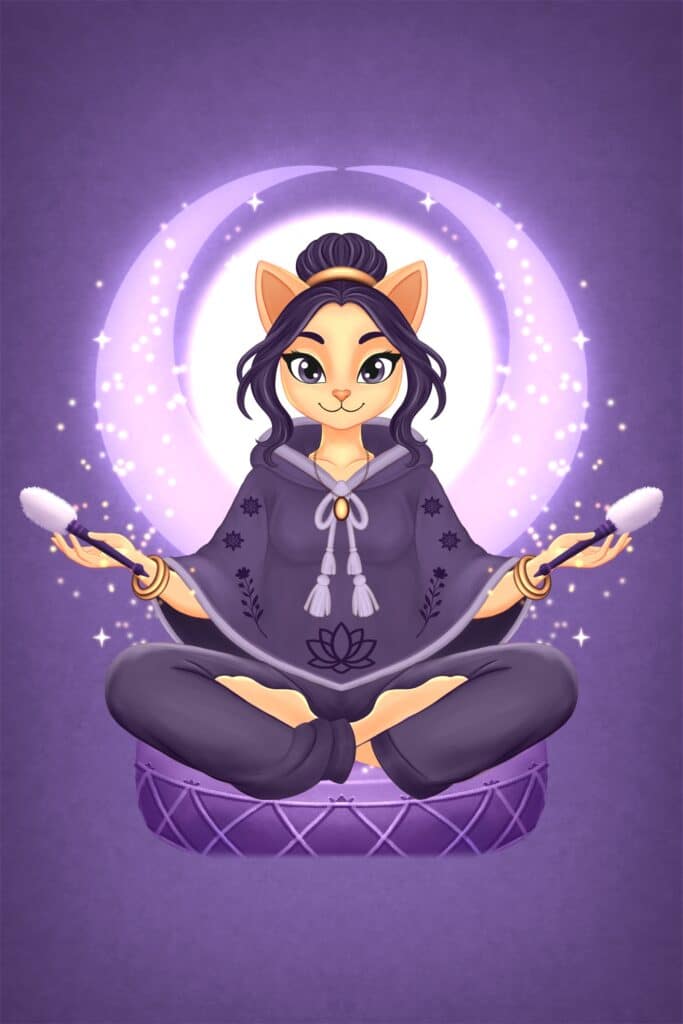 Zen Cat meditating with moon energy and glowing wands representing expression, rhythm, and creative flow