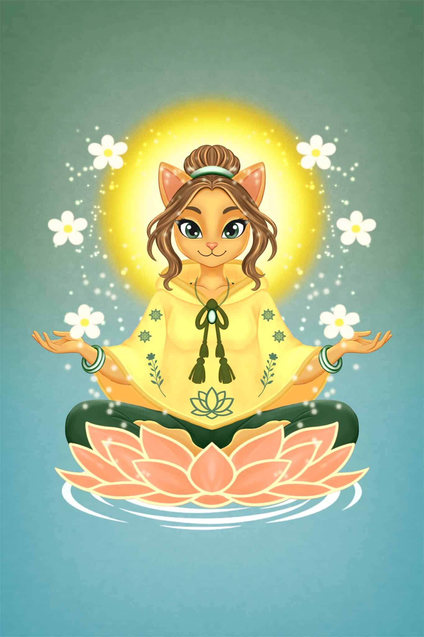 Zen cat meditating on lotus with green spiritual energy and glowing aura