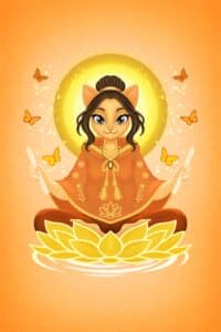 Zen cat meditating on a lotus with glowing aura and butterflies in a spiritual illustration