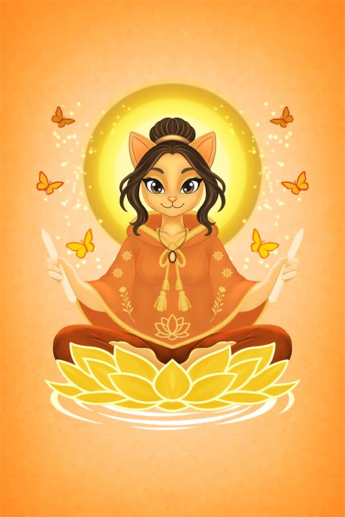 Zen cat meditating on a lotus with glowing aura and butterflies in a spiritual illustration